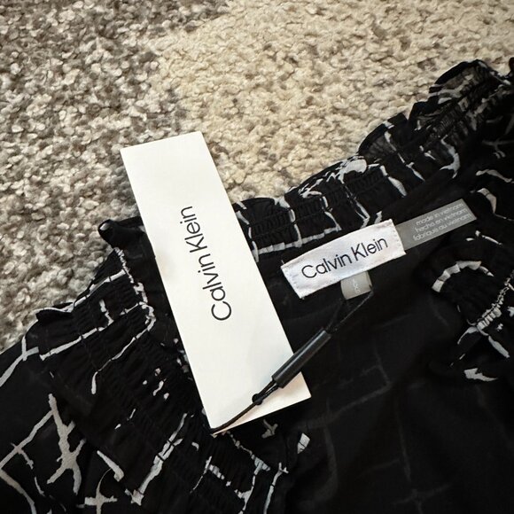 CALVIN KLEIN (L) Black White Geometric Print Chiffon Peasant Blouse Top Tie-Neck - Picture 9 of 12